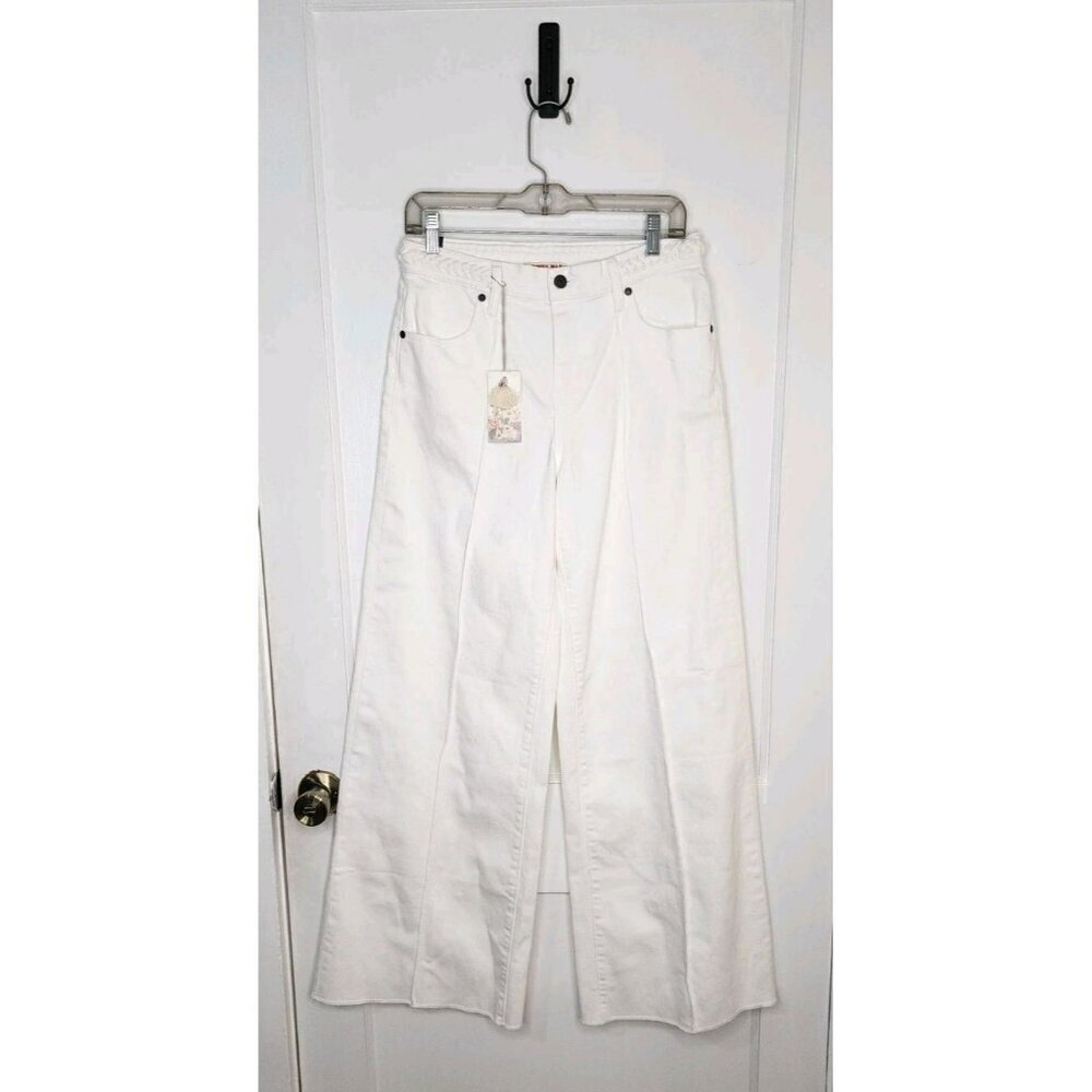 Johnny Was Size 27 The Braided Wide Leg High Rise Stretch Jean White $278 NWT